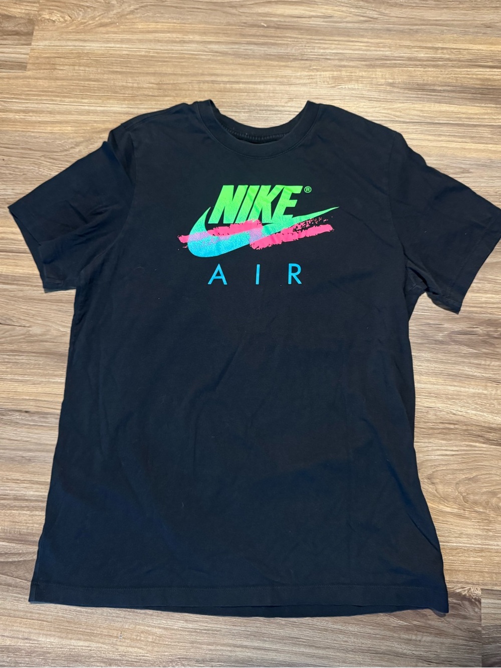 Nike men’s large Black Short Sleeve T-Shirt with Neon Green, Teal & Pink Logo